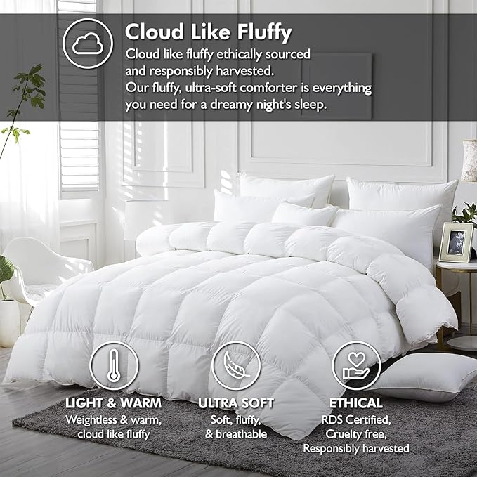Luxurious White Solid Medium Weight, Super King Size Goose Feathers Down Comforter for All-Season, 120 X 120 inches, Premium Baffle Box, 100% Egyptian Cotton Cover, 85 oz. Fill Weight