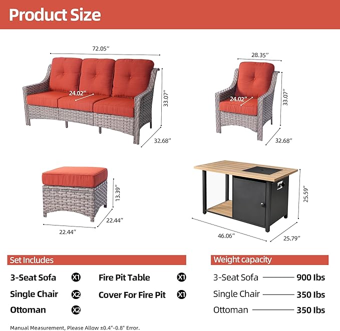 HOOOWOOO 6 Piece Patio Furniture Sets with Fire Pit Table,Outdoor Wicker Furniture Set,All Weather Resistant Outside High Back Rattan Conversation Set for Out Door(Orange Red)