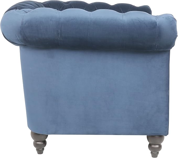 LEVNARY Velvet Chesterfield Chair, Mid-Century Modern Single Sofa Chair with Button Tufted Backrest and Nailhead Decor, Tufted Upholstered Rolled Armchair for Home Bedroom Reading Room (Blue)