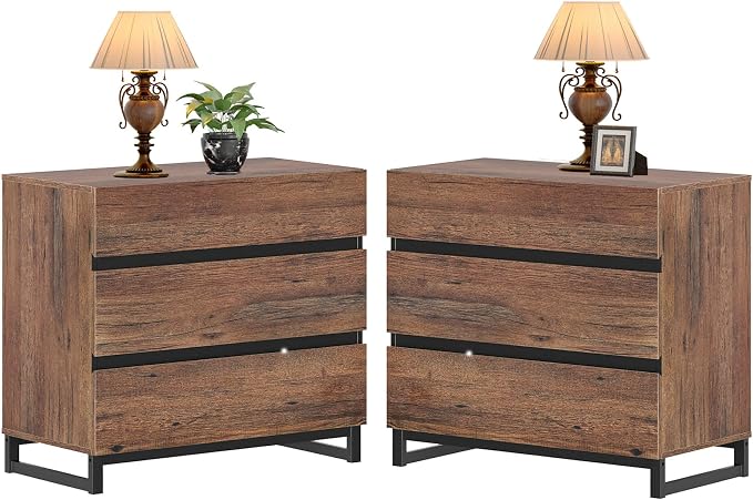 WAMPAT Nightstand with 3 Drawers for Bedroom, Modern Bedside Table with Black Square Metal Leg, Wood Rustic Side End Table, Brown, 2 Pcs by WAMPAT