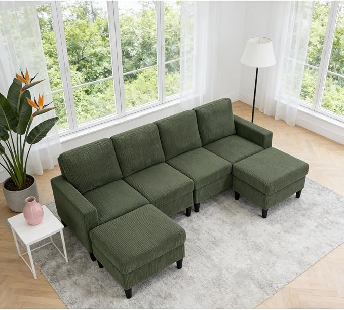101" L-Shape Modular Sectional Couch, Convertible Corduroy Couch with 2 Ottomans, Modern 4 Seater Upholstered Modular Sectional Sofa for Apartment, Living Room, Dark Green