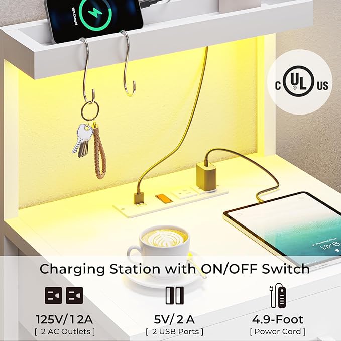 VIAGDO Led Nightstand with Charging Station, 3 Drawers Night Stands with Led Lights, White Bedside Tables with Storage Shelves, Modern End Side Tables for Bedroom, Office - Image 3
