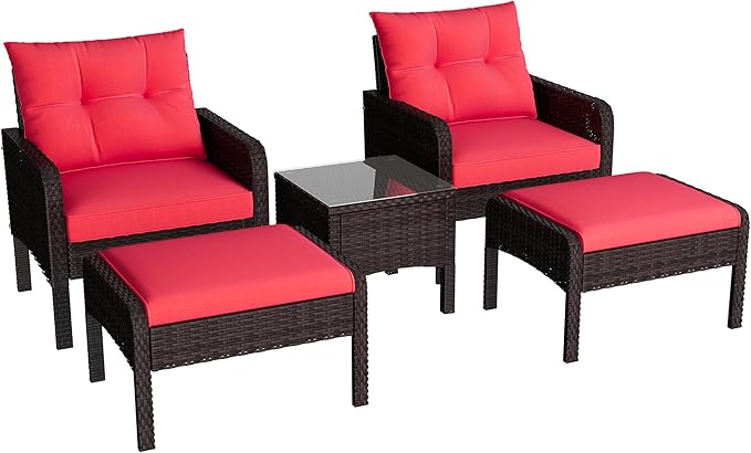 U-MAX Outdoor 5 Pieces Patio Furniture Set, PE Rattan Wicker Chairs with Ottoman and Table, Bistro Set for Front Porch, Garden, Backyard, Balcony, Brown/Red