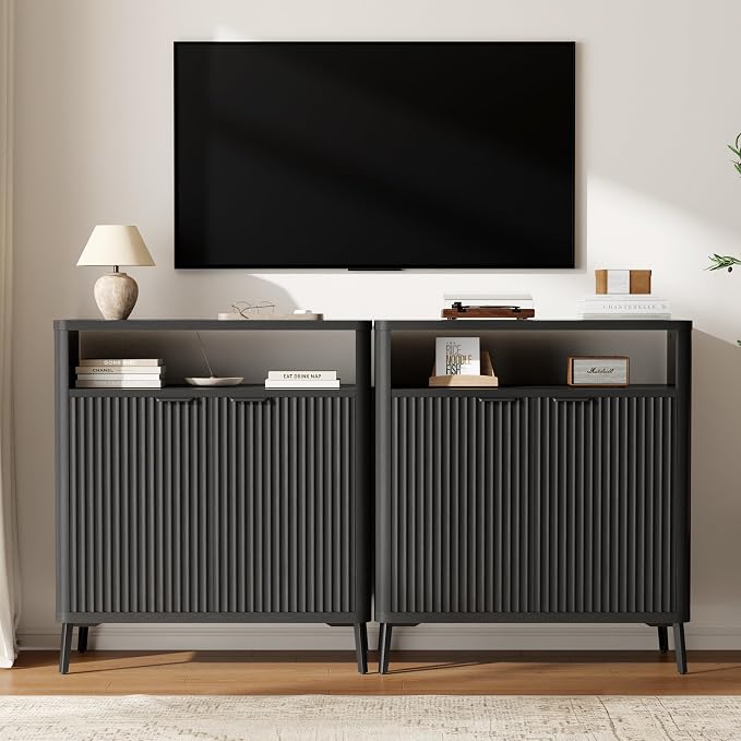 Fatmok Fluted Buffet Cabinet with Storage, 31.4" Wide Wood Sideboard Credenza with 2 Doors & Open Storage Shelf, Modern Coffee Bar Table for Living Room Kitchen Dining Room,Black Grey - Image 3