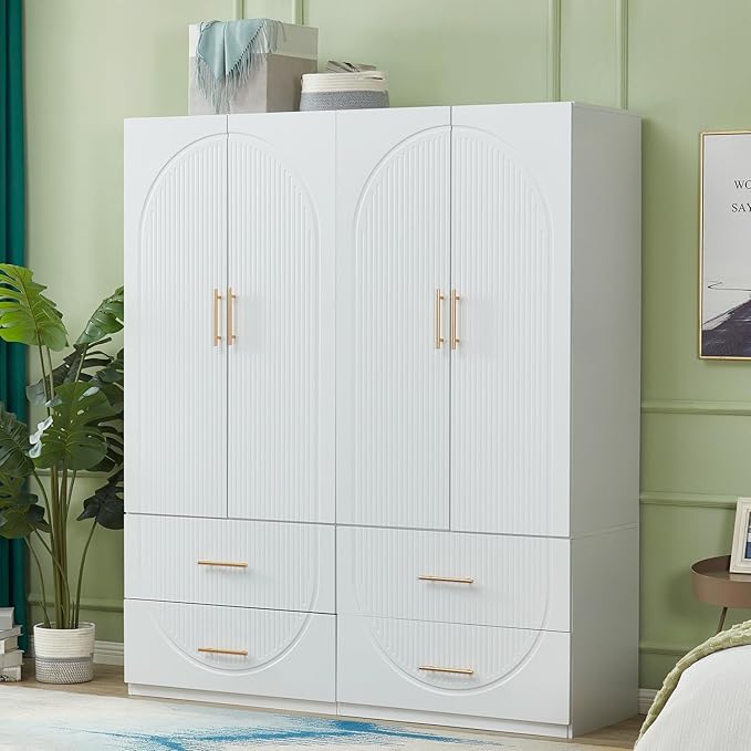 GraceGrove Wardrobe Closet Cabinet with 4 Drawers Large Wardrobe Closet with 4 Doors Ample Storage Capacity, Tall Wood Armoires and Wardrobes with Hanging Rail for Bedroom White