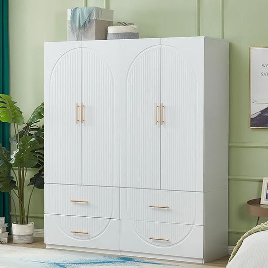 GraceGrove Wardrobe Closet Cabinet with 4 Drawers Large Wardrobe Closet with 4 Doors Ample Storage Capacity, Tall Wood Armoires and Wardrobes with Hanging Rail for Bedroom White