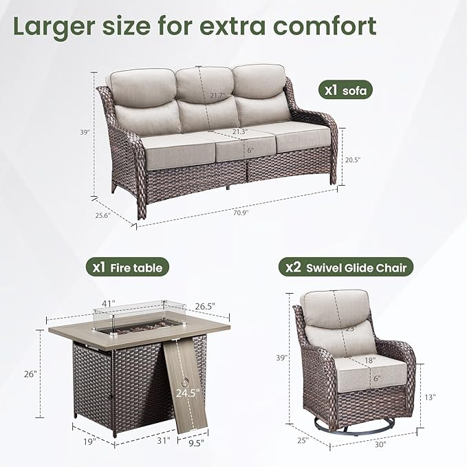 Luxury Patio Furniture Set with 6-inch Thick Cushion, Outdoor Furniture with Fire Pit Table, Swivel Chairs, Sofa, 4pcs Wicker Conversation Set for Deck Yard and Poolside(Beige)