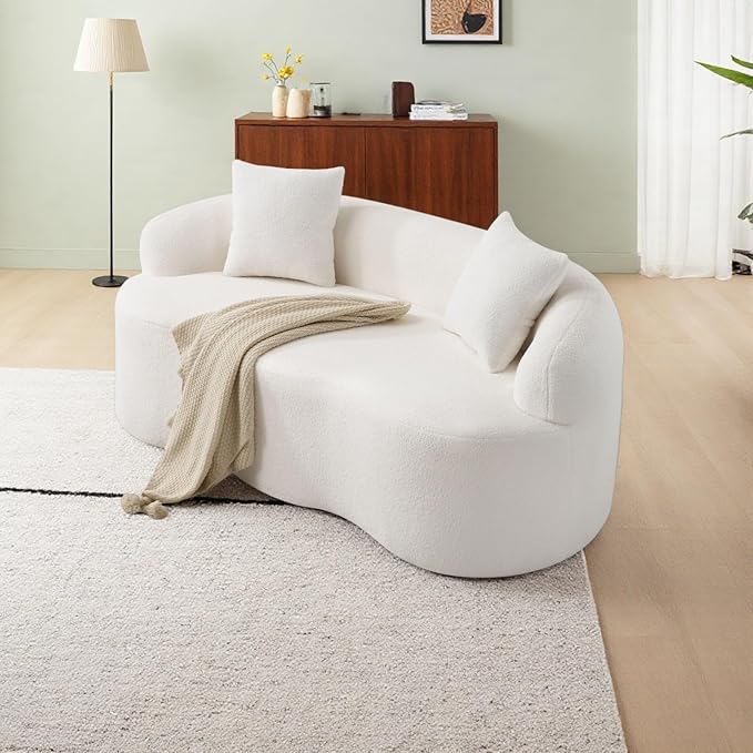 Curved Compression Sofa, Modern Loveseat Couch with Rounded Armrests & 2 Coordinating Pillows, 67'' Polyester 2 Seater Sofa for Small Living Room, Bedroom and Offices, No Assembly, White