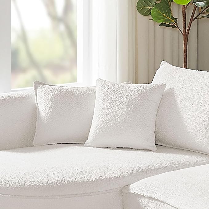 KEIKI 129" Luxury Curved Boucle Sectional Sofa with Left Chaise, Upholstered Modern Style Oversized 5-Seater Couch with Thickened Seat Cushions, Easy Assembly, for Apartment, Living Room, White