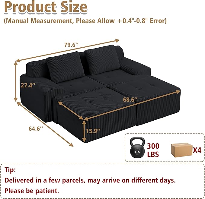 KIGOTY Modular Sectional Sofa, 4 PCS Comfy Cloud Sectional Couch with Deep Seat, Sleeper Sofa Bed with Ottoman, Modern Boneless Couch for Living Room, No Assembly Required,Black