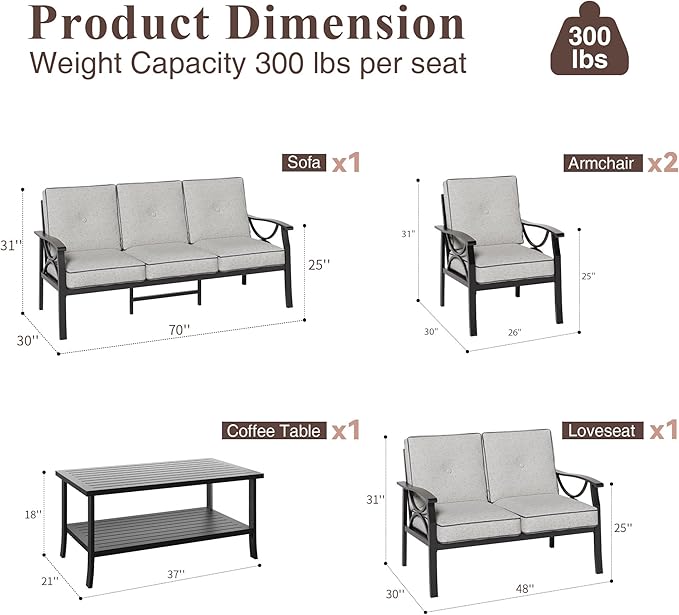 RoyalCraft Outdoor Patio Furniture Set, 5 Piece Patio Conversation Set with Coffee Table, Metal Furniture Set for Porch Backyard Garden, Black