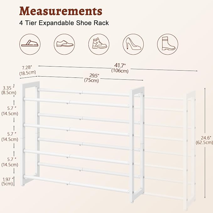 FAVOOSTY 4-Tier Expandable Shoe Rack, Adjustable Shoe Shelf Storage Organizer Space Saving Metal Free Standing Shoe Rack for Entryway Closet Doorway, White - Image 3