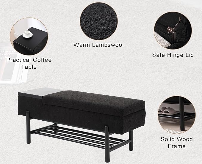 Shunzhi Modern Entryway Storage Bench, Upholstered Shoe Ottoman Bench, Sherpa Flip-Top End of Bed Bench with Wood Shelf/Coffee Table for Living Room/Bedroom/Hallway/Under Window,46.5 Inches,Black Fur - Image 3