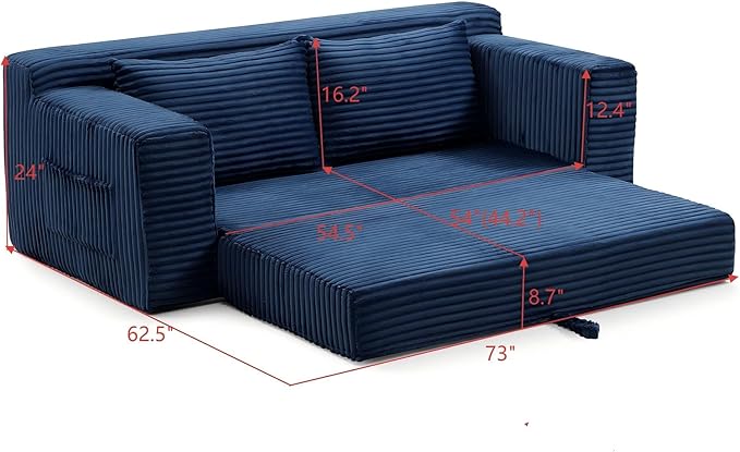 73" Convertible Sofa Bed, 2 in 1 Corduroy Folding Couch with Pillows, No Assembly Boneless Compression Sofa in Box, Loveseat with Side Storage Pocket for Apartment, Living Room, Blue