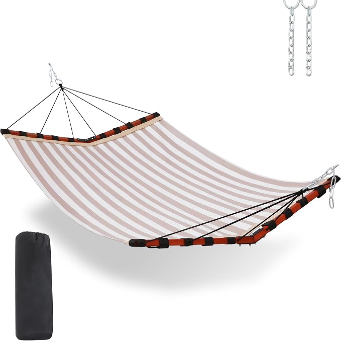 TegerDeger 12FT 2 Person Hammock Large Hammock Quick Dry 450LB Capacity with V Shaped Hardwood Spreader Bar & Nylon Rope for Outside, Patio, Garden, Backyard, Beach, Poolside - Beige Stripes by Tegerdeger