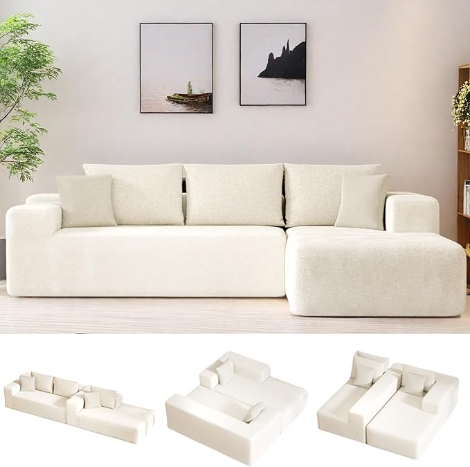 104” Sectional Cloud Couch, L-Shape Compressed Sofa with Left Chaise Lounge, Modular Cloud Couch with 2 Pillows & Deep Seat, Rain Drop Velvet Upholstered Floor Sofa for Living Room, Beige