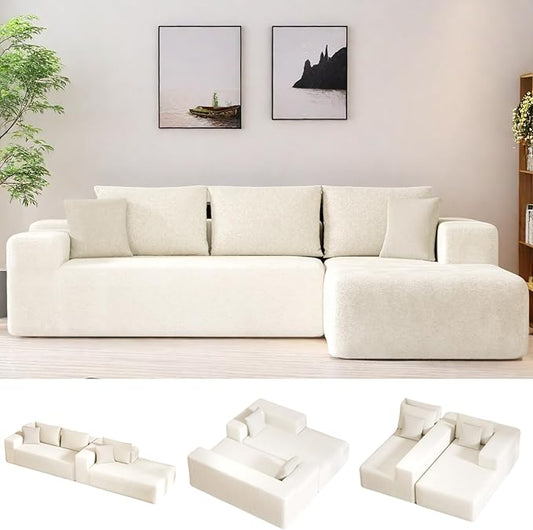 104” Sectional Cloud Couch, L-Shape Compressed Sofa with Left Chaise Lounge, Modular Cloud Couch with 2 Pillows & Deep Seat, Rain Drop Velvet Upholstered Floor Sofa for Living Room, Beige