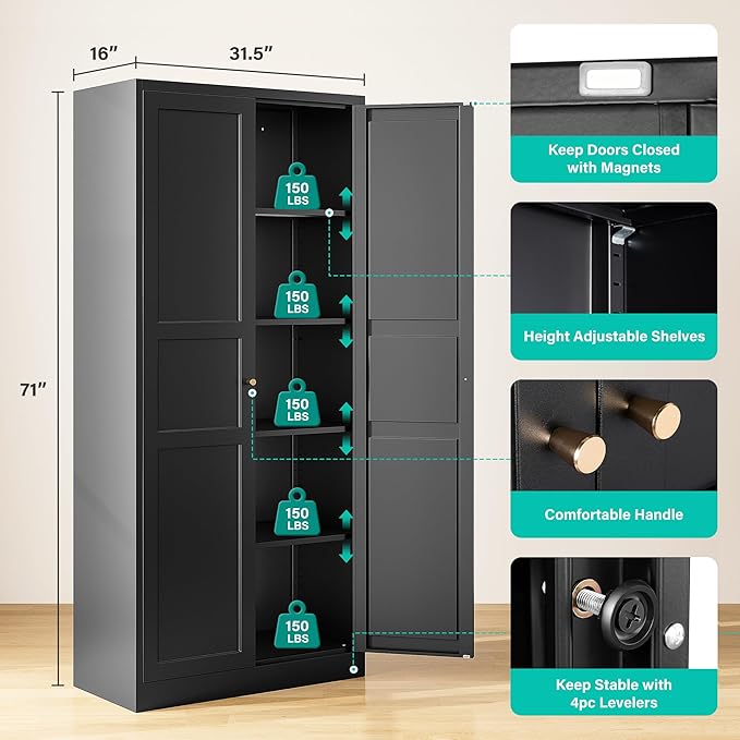 SISESOL Black Storage Cabinet,71" Tall Pantry Cabinet,Kitchen Pantry Storage Cabinets with 2 Doors and 5 Shelves,Wide Deep Metal Food Cupboard for Home,Kitchen,Dining/Living Room