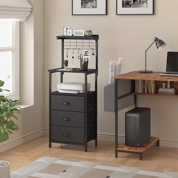 sthmec Bedside Tables Tall Nightstands with Charging Station, LED Bedside Table for Bedroom - 3 PU Fabric Drawers, Hooks, Black - Image 5