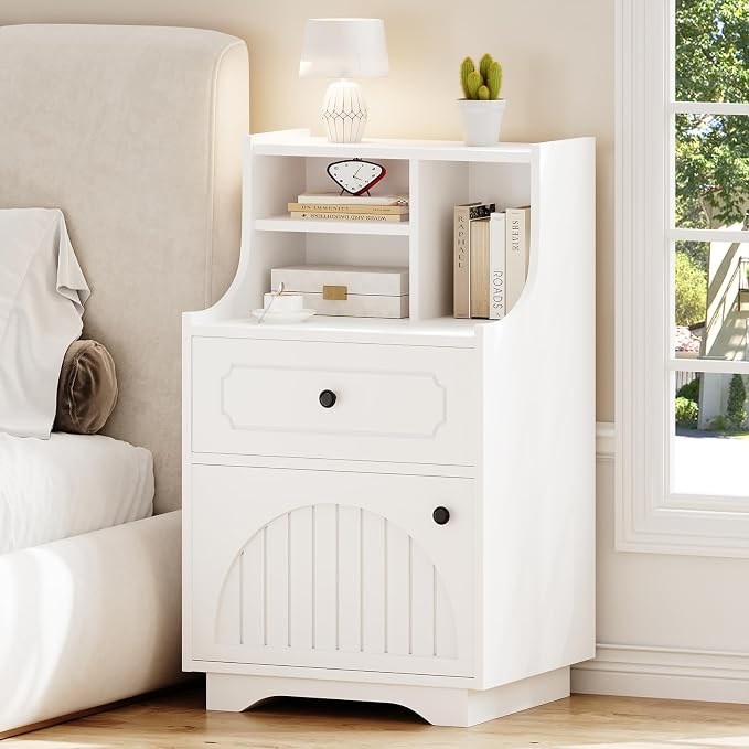 4ever2buy Farmhouse Nightstands with Hutch, White Nightstand Set of 2 with Storage, Bedside Table End Tables for Bedroom by 4ever2buy