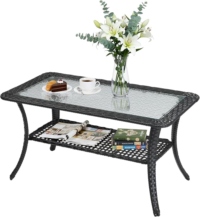 VINGLI Outdoor Coffee Table with Storage Wicker Patio Coffee Table, Tempered Glass Top Coffee Table for Patio Outside Balcony Porch Deck (Black) - Image 5
