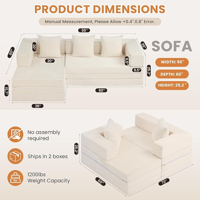 Modular Sectional Sofa, Boneless Convertible Oversized Sleeper Sofa Bed, Modern Tri-Folding Cloud Couch with L-Shape Chaise, Corduroy Futon Couches for Living Room Small Spaces Apartment,No Assembly