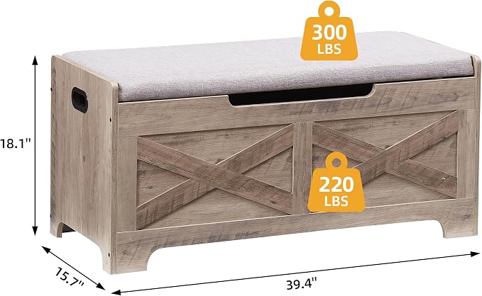 GarveeHome 39.4 in Storage Chest, Wooden Storage Bench with Safety Hinges, Easy Assembly, Large Shoe Bench for Entryway, Living Room, Bedroom - Image 3