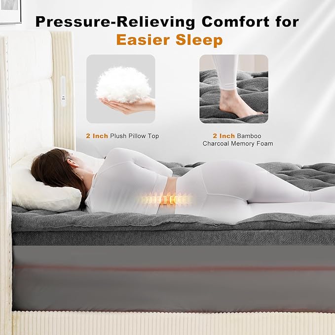 HOMRELEXA Dual Layer 4 Inch Bamboo Memory Foam Mattress Topper King Size, 2 Inch Thick Soft Quilted Pillow Top Cover Plus 2 Inch Charcoal Gel Memory Foam Mattress Pad for Back Pain Relief