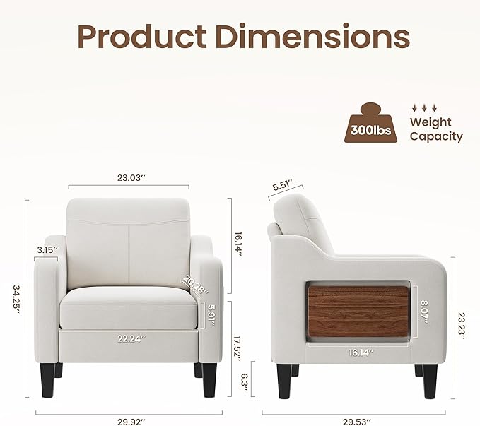 Accent Chair for Living Room Modern Linen Upholstered Armchair Side Wooden Fabric Sofa Chair with Foldable Table 2 Side Pockets Comfy Reading Chair for Bedroom