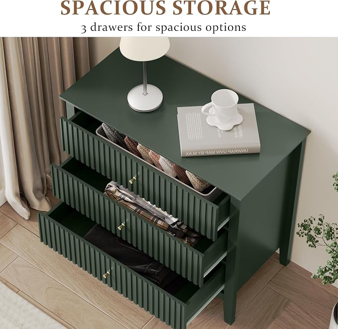 RoyalCraft Fluted 3 Drawer Dresser, 32 inch Wide Dresser Nightstand for Bedroom, Modern Wood Chest of Drawers, Large Painted Nightstand with 3 Drawers for Closet, Hallway, Entryway, Dark Green - Image 4