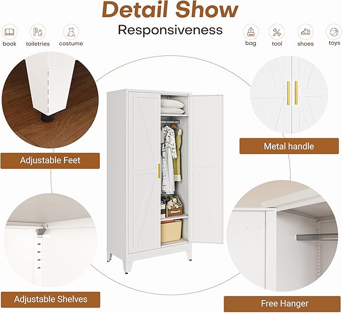 Metal Armoire Wardrobe Closet with Doors and Shelves, 71" Tall Metal Wardrobe Closet with Hanger Rod and Clothing Shelf, White Farmhouse Bedroom Armoire Steel Storage Cabinet for Bedroom