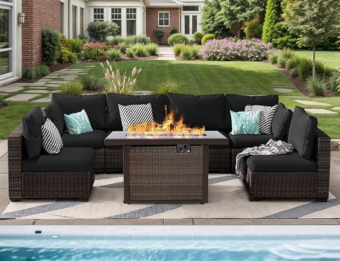 Patio Furniture Set 7 Pieces with 44" Fire Pit Table, Rattan Outdoor Sectional Conversation Sets, All Weather Outdoor Furniture Set with Cushions for Garden Lawn Balcony Porch Deck Black