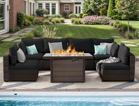 Patio Furniture Set 7 Pieces with 44" Fire Pit Table, Rattan Outdoor Sectional Conversation Sets, All Weather Outdoor Furniture Set with Cushions for Garden Lawn Balcony Porch Deck Black
