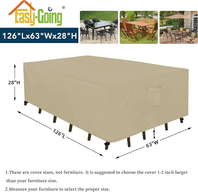 Easy-Going Rectangle Patio Furniture Cover Waterproof Outdoor Dining Table and Chair Cover Anti-UV Outside Sectional Sofa Set Covers (126"L x 63"W x 28"H, Camel) - Image 2