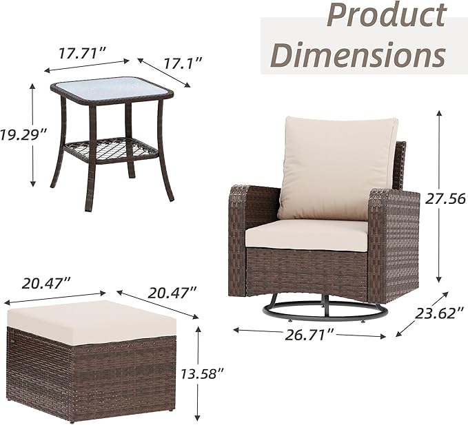 HOMREST 5 Piece Outdoor Patio Furniture Set-360 Wicker Swivel Chairs Set of 2 w/ 2 Ottoman, Coffee Table & Cushions Patio Bistro Set for Garden, Balcony (Khaki)