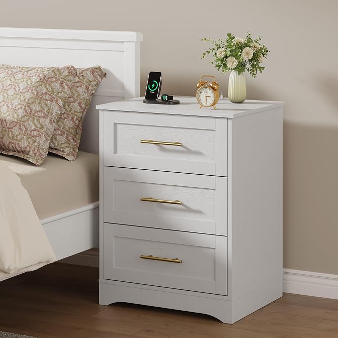 Modern Luxury Nightstand with Charging Station and Hidden Drawer, Bedside Table with 4 Drawers, 26" H Night Stand for Bedroom, Home Office, White - Image 2