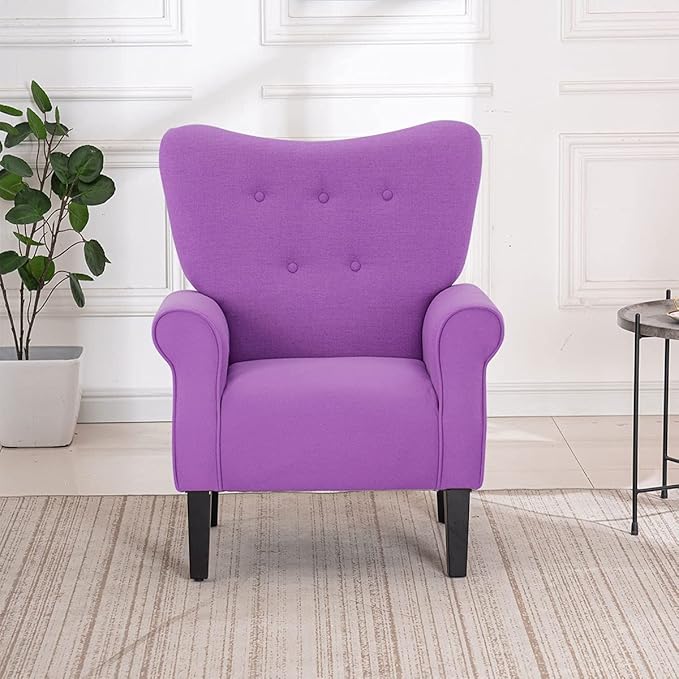 YOLENY Modern Accent Chair,High Back Armchair,Upholstered Fabric Button Single Sofa with Wooden Legs for Living Room, Bedroom, Club, Purple