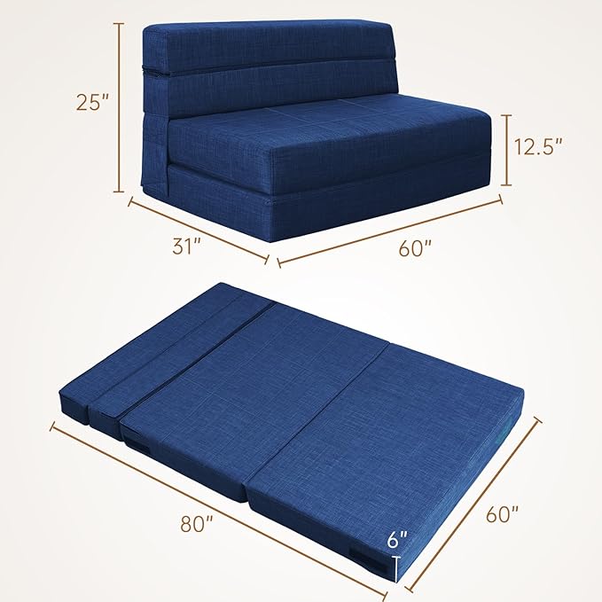 60 Inch Folding Sofa Couch Memory Foam with Pillow Convertible Sleeper Mattress Futon Lazy for Living Room, Washable Cover, Queen Size, Dark Blue