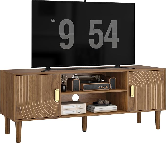Smuxee Walnut TV Stand with Line Groove Design, 47.2" Mid Century Modern TV Media Console for TVs up to 55", TV Cabinet with Adjustable Shelf & 2 Cabinets for Living Room - Image 9