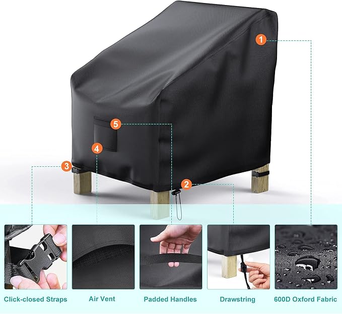 Patio Chair Covers for Outdoor Furniture Waterproof 2 Pack, Lawn Chair Covers 600D Heavy Duty Oxford Cloth, Large Covers for Lounge Lawn Deep Seat Black 31" W×38" D×30" H - Image 7