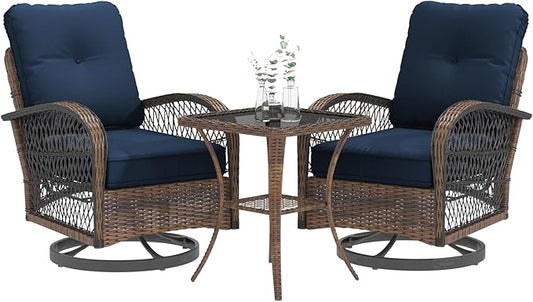EROMMY 3 Pieces Patio Furniture Set, Outdoor Swivel Rocker Patio Chairs, Wicker Patio Bistro Set with Rocking Chair, Thickened Cushions and Glass Coffee Table for Backyard, Garden, Navy Blue