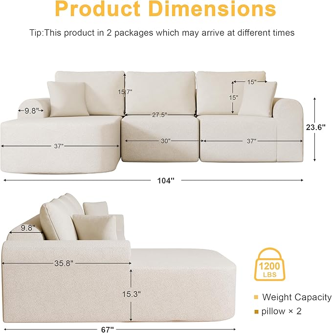 104" Modular Sectional Sofa with L-Shape Chaise, Sherpa Modern Upholstered Cloud Couches for Living Room Bedroom, No Assembly Required, White