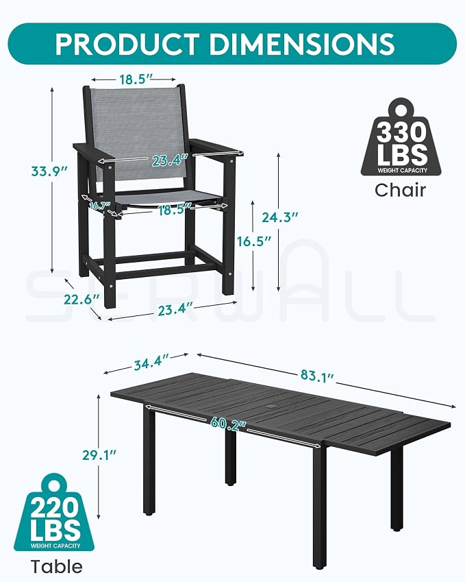 SERWALL 9-Piece Outdoor Dining Set, 60" - 83" Expandable Patio Dining Table with 8 Breathable Textilene Chairs, All Weather HDPE Patio Furniture Set, Black - Image 8