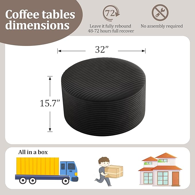 Round Coffee Table Ottoman for Corduroy Cloud Sectional Couches in a Box Memory Foam Compressed Pouf Footstool Rest for Living Room, Bedroom, Makeup Room No Assembly Require(Black, 32")