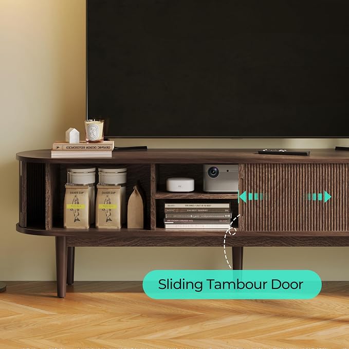 LINSY HOME Fluted TV Stand for 75" TV, Mid-Century Modern 70" Entertainment Center with Sliding Tambour Door and Storage Cabinet, Cruved TV Media Console Table for Living Room, Bedroom, Walnut - Image 4