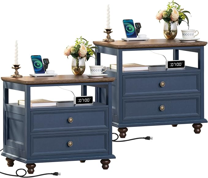 Joaxswe Farmhouse Nightstand Set of 2 with Charging Station, 24" Wide End Table with 2 Drawers,Wood Dresser for Bedroom,Bed Side Table Chest of Drawers Cabinet,Navy BlueNight Stand for Living Room by Joaxswe