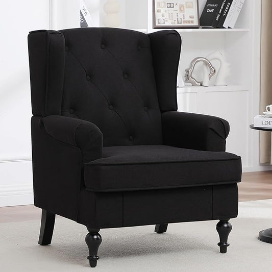 Accent Chair for Living Room, Mid Century Modern Upholstered Armchair, Wingback Chair with Tufted High Back and Solid Legs, Comfy Side Chairs Single Sofa for Bedroom, Black