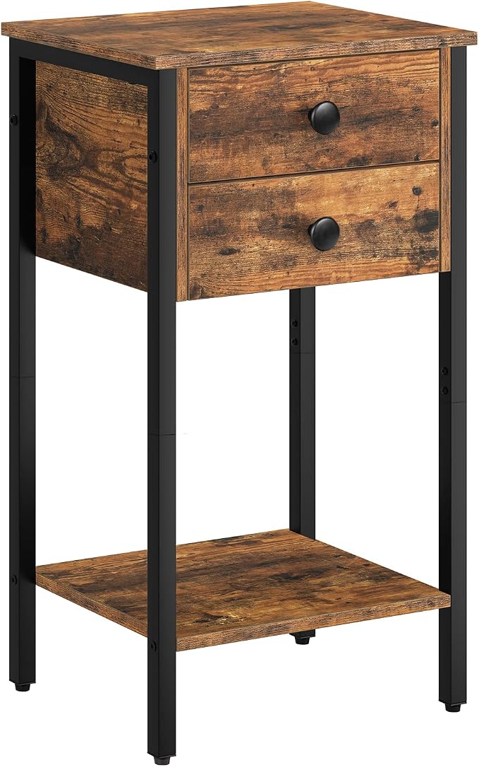 HOOBRO Tall Nightstand, End Table with 2 Drawers and Storage Shelf, Industrial Telephone Side Table for Study, Bedroom, Space Saving, Easy Assembly, Rustic Brown and Black BF72BZ01 by HOOBRO
