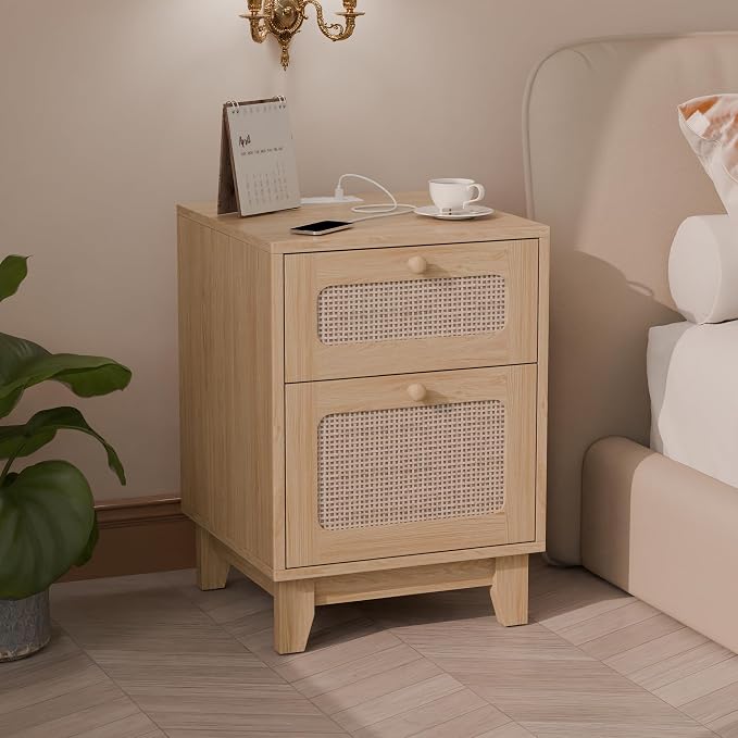 Modern Rattan Nightstand, Wicker Rattan Stand with Drawer and Charge Station, Wooden Bedside Table for Small Spaces, Natural Wood Side Table for Bedroom by furniture