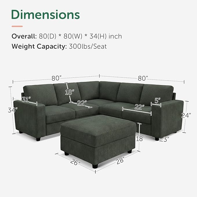 HONBAY Corduroy Sectional Sofa with Storage L-Shaped Sectional Couches for Living Room 6 Seater Sectional Sofa, Green